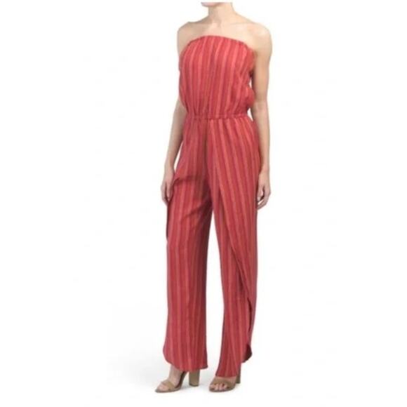 Anthropologie Pants - DREW Anthro red magenta split leg striped linen Emerson strapless jumpsuit